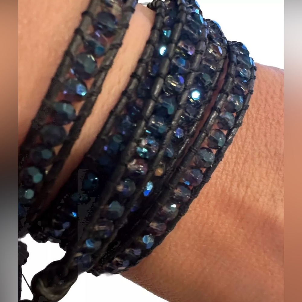 Chan Luu 925 Sterling Silver Black Leather Bead Wrap Bracelet 36-27” adjustable